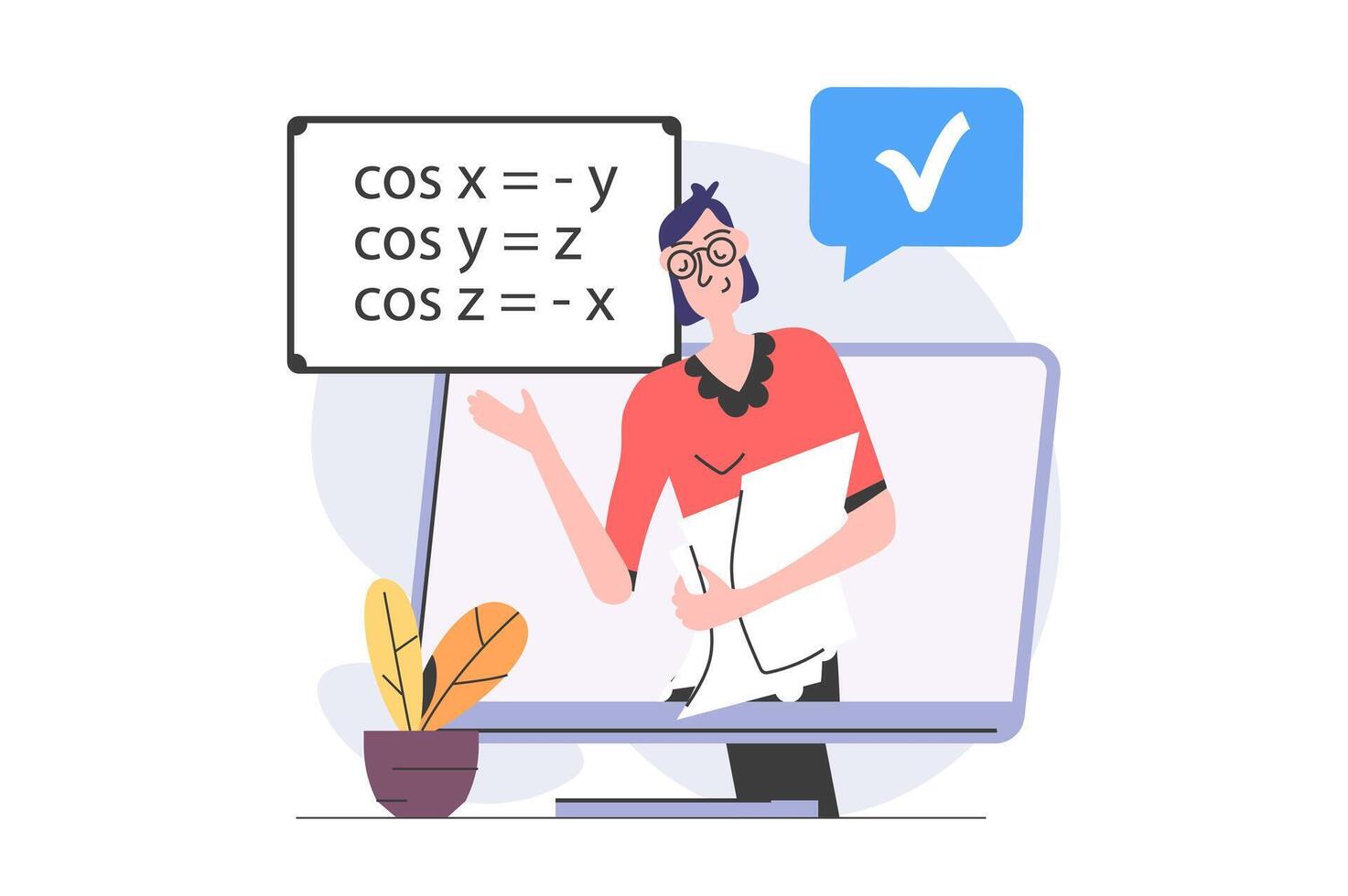 Back to school concept in modern flat design for web. Teacher explaining math lesson information in for online students, making mathematics tutorials for remote class. illustration. vector