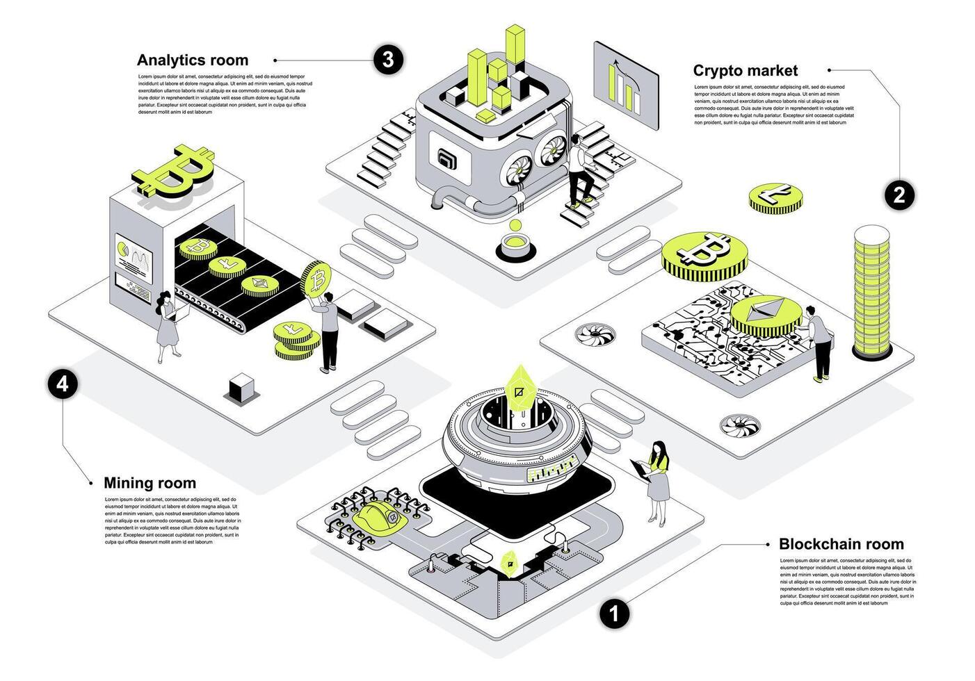 Cryptocurrency market 3d isometric concept in outline design for web. People working in isometry rooms in abstract crypto farms with blockchain technology at bitcoin platform. illustration. vector