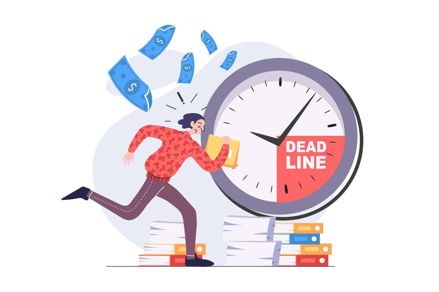 Deadline concept in modern flat design for web. Anxious employee running with documents and trying hurry to time, solving problems and urgent tasks, doing paperwork at work. illustration. vector