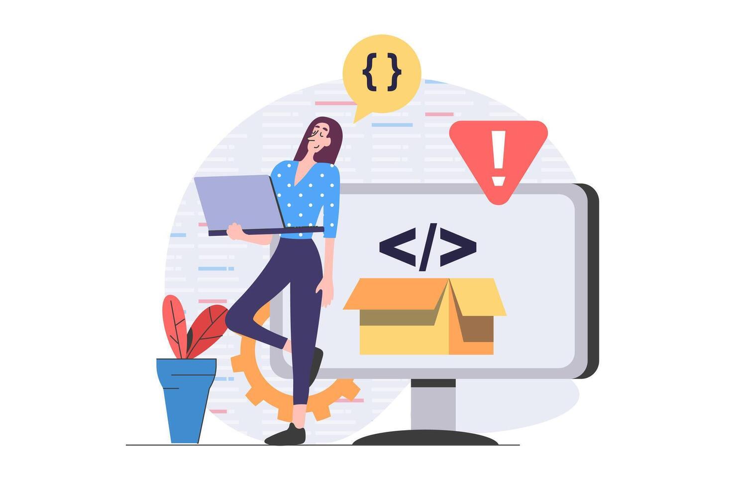 Development and programming concept in modern flat design for web. Woman developer creating software product at laptop, testing program accessibility and making optimization. illustration. vector
