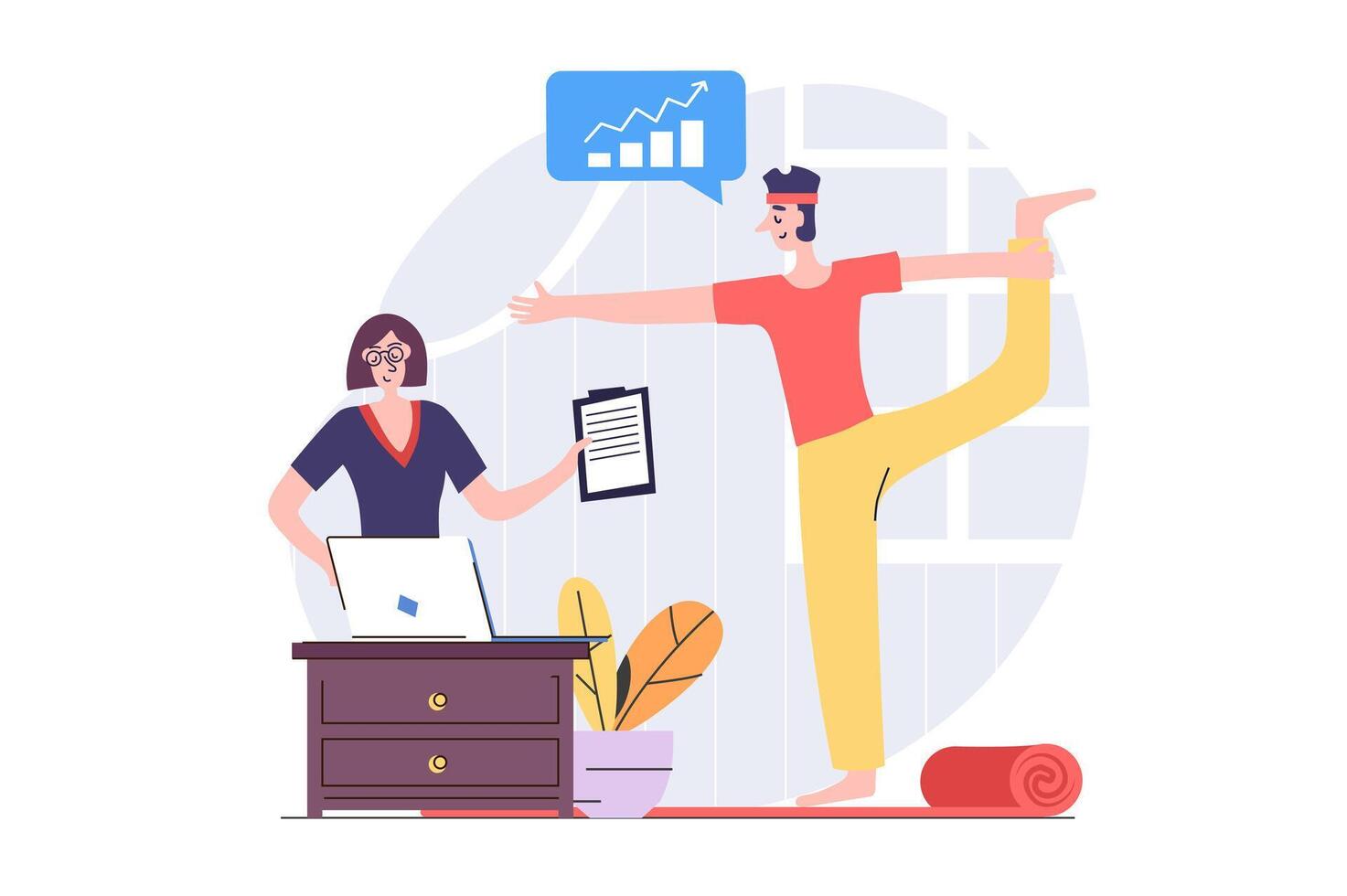 Freelance concept in modern flat design for web. Man freelancer working online while doing yoga training, making distant tasks and analyzing graphs, connecting with manager. illustration. vector