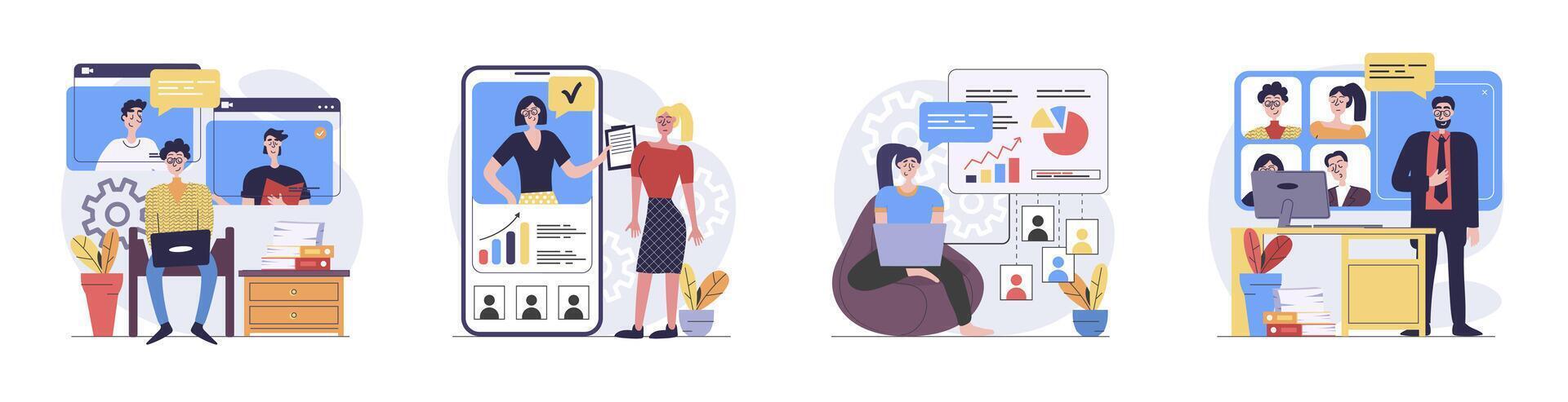 conference concept with people scenes set in flat web design. Collection of character situation with colleagues connecting online via zoom call from laptop or mobile app. illustrations. vector