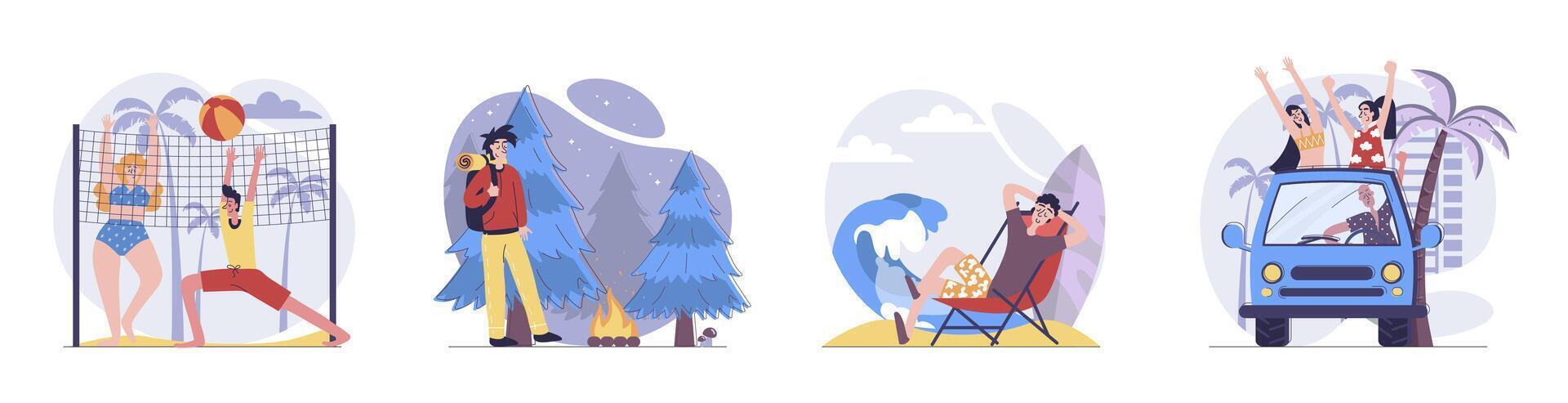 Summertime concept with people scenes set in flat web design. Collection of character situation with friends playing beach volleyball, hiking, sea surfing, travelling by car. illustrations. vector
