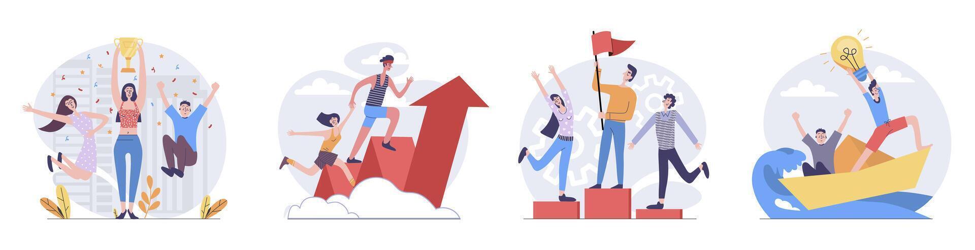 Leadership concept with people scenes set in flat web design. Collection of character situation with businesswoman and businessman achieve career goals and getting victory. illustrations. vector
