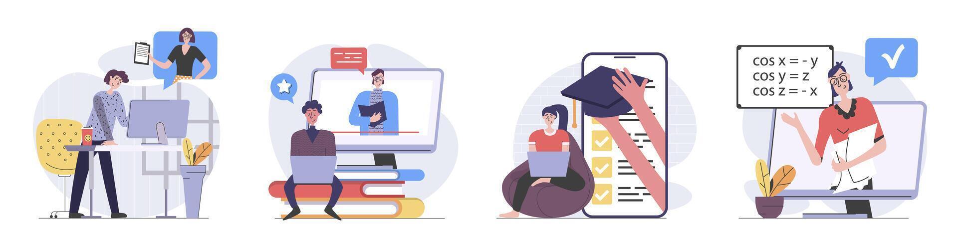 Back to school concept with people scenes set in flat web design. Collection of character situation with students learning online, watching lessons, graduating study. illustrations. vector