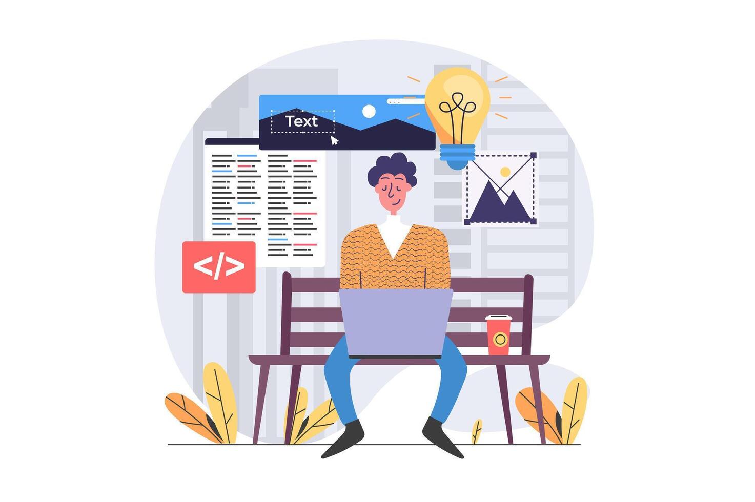 Freelance concept in modern flat design for web. Man freelancer working online and sitting at park bench, brainstorming and programming new product, developing software outdoor. illustration. vector