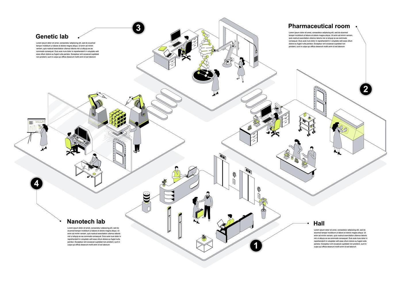 Laboratory 3d isometric concept in outline design for web. People working in isometry rooms at entrance hall, doing research in genetics, pharmaceutical and nanotech departments. illustration. vector