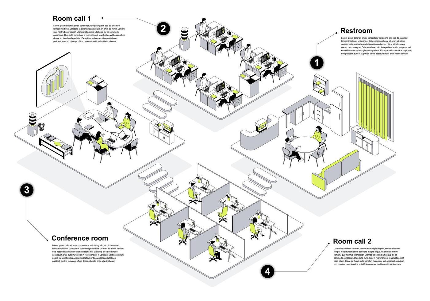 Call center 3d isometric concept in outline design for web. People working in isometry rooms as technical support operators in office with work areas and rest rooms interiors. illustration. vector