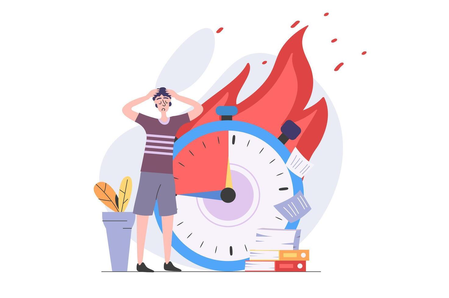 Deadline concept in modern flat design for web. Overworked employee trying hurry to time and doing many tasks, solving urgency problems and getting stress and burnout at work. illustration. vector
