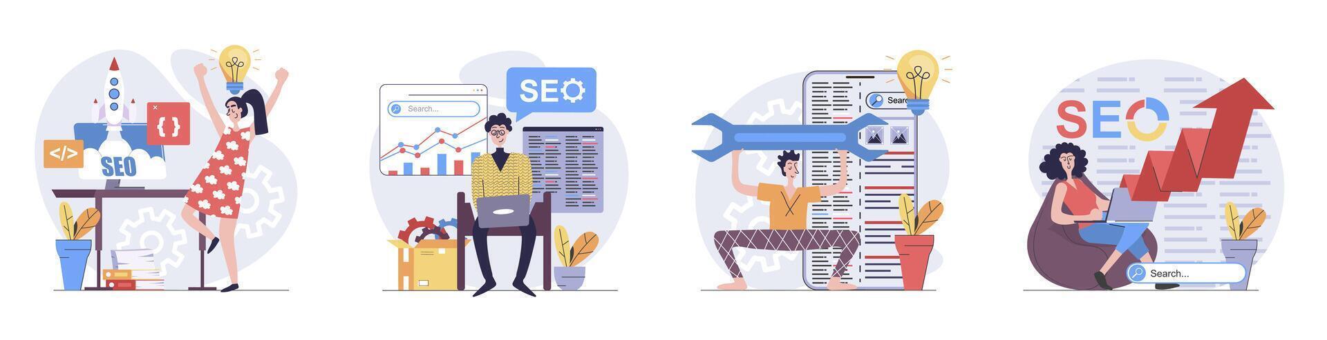 SEO optimization concept with people scenes set in flat web design. Collection of character situation with site graph and internet traffic page analysis, engine search settings. illustrations. vector