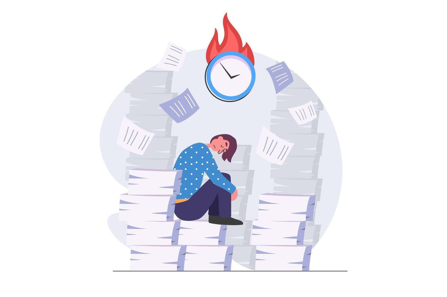 Deadline concept in modern flat design for web. Overworked employee doing paperwork and getting many tasks, trying hurry to time, getting stress, burnout at work and job anxious. illustration. vector