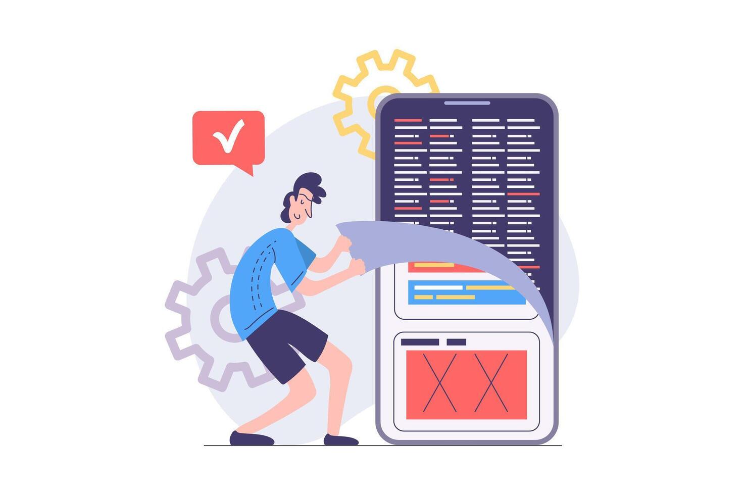 App development concept in modern flat design for web. Man designer programming mobile software, engineering new product, testing and fixing wireframe interface, placing content. illustration. vector