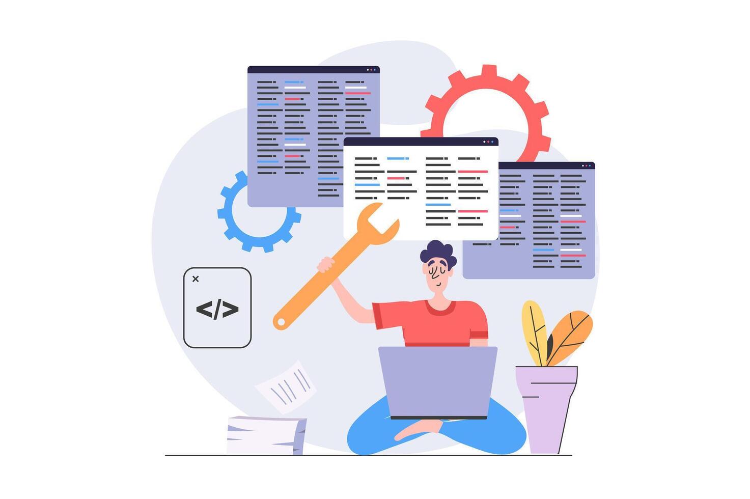 Development and programming concept in modern flat design for web. Programmer working at laptop and creating software code on screens, fixing bugs and making system maintenance. illustration. vector