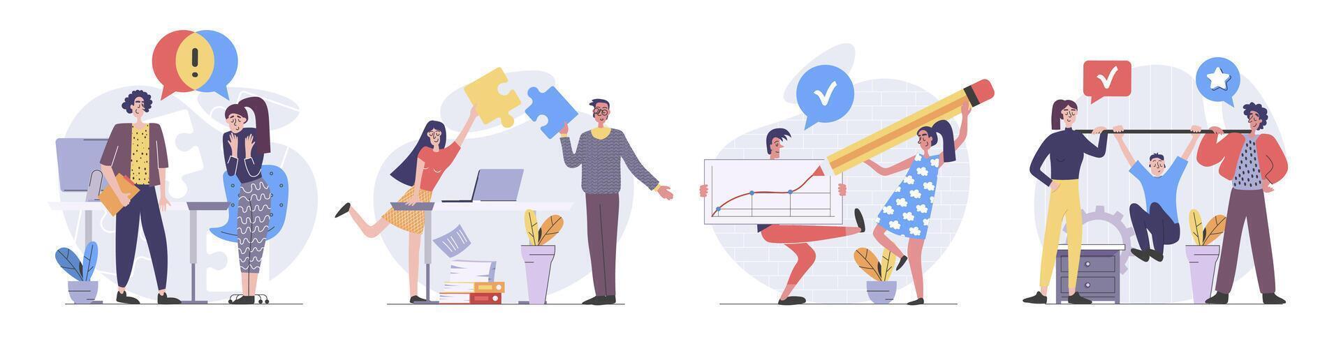 Teamwork concept with people scenes set in flat web design. Collection of character situation with team cooperating and brainstorming, discussing goals, doing job challenges. illustrations. vector