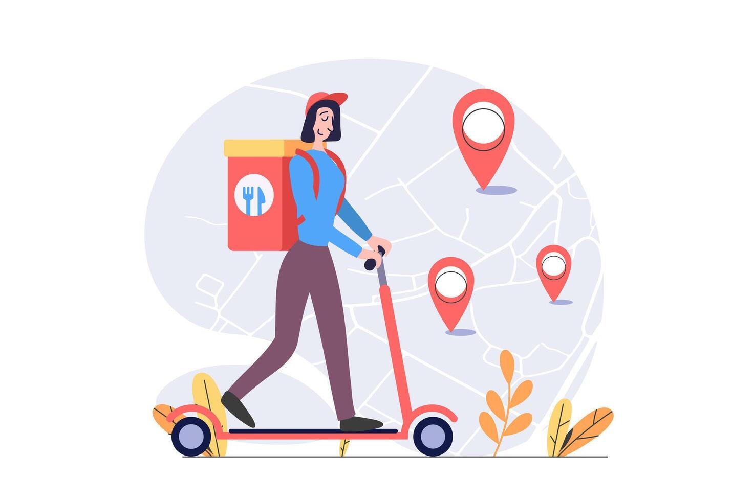 Delivery concept in modern flat design for web. Woman courier riding kick scooter and shipping food in bag, distributing orders to happy client at home with online tracking. illustration. vector