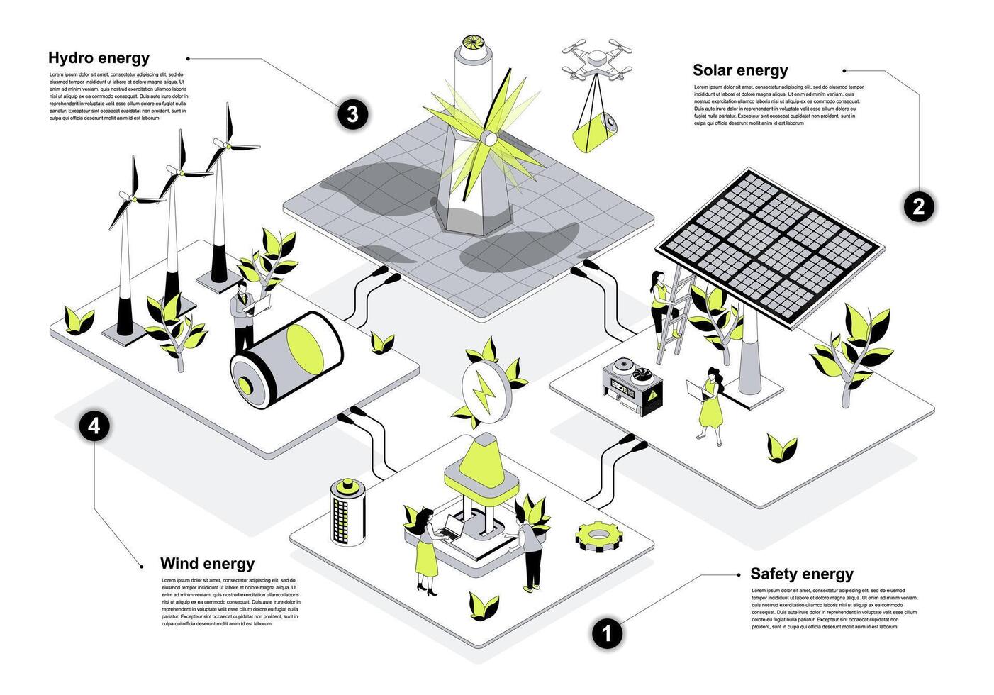 Green energy 3d isometric concept in outline design for web. People works in isometry rooms at alternative sources generation with safety energy, solar panels, wind turbines. illustration. vector
