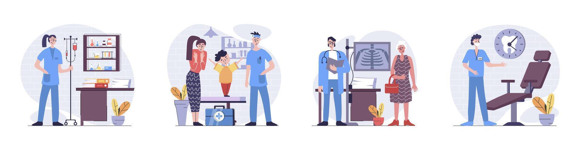 Medicine concept with people scenes set in flat web design. Collection of character situation with nurse caring patients, pediatrician treats kid, dentist service and x-ray. illustrations. vector