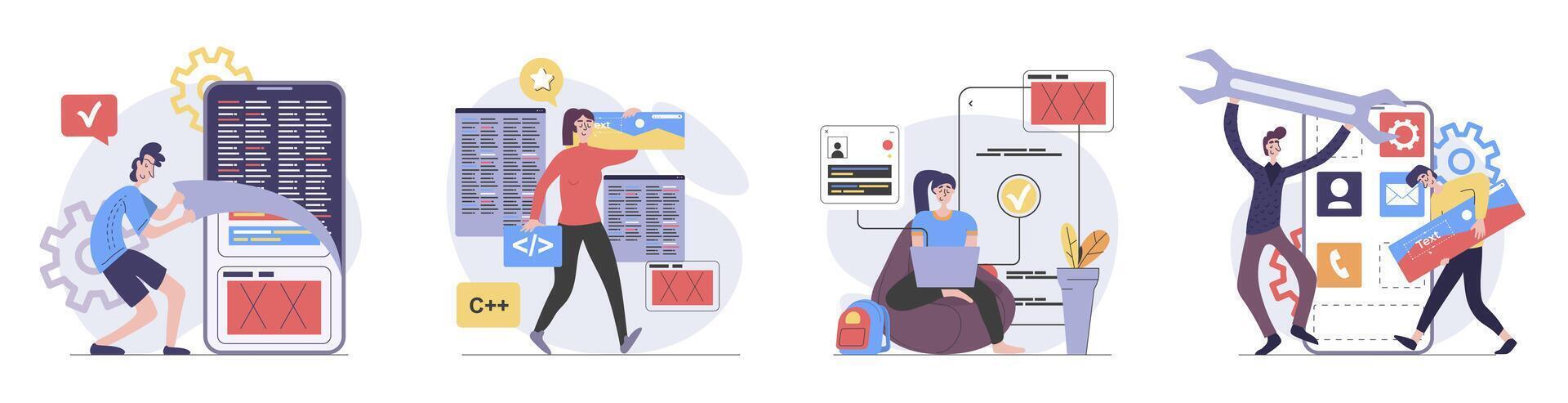 App development concept with people scenes set in flat web design. Collection of character situation with programming mobile software, testing and fixing interface product. illustrations. vector