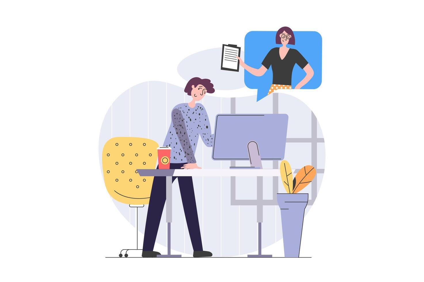 Back to school concept in modern flat design for web. Student learning online and watching lessons with explaining teacher, studying distantly, doing homework at computer. illustration. vector