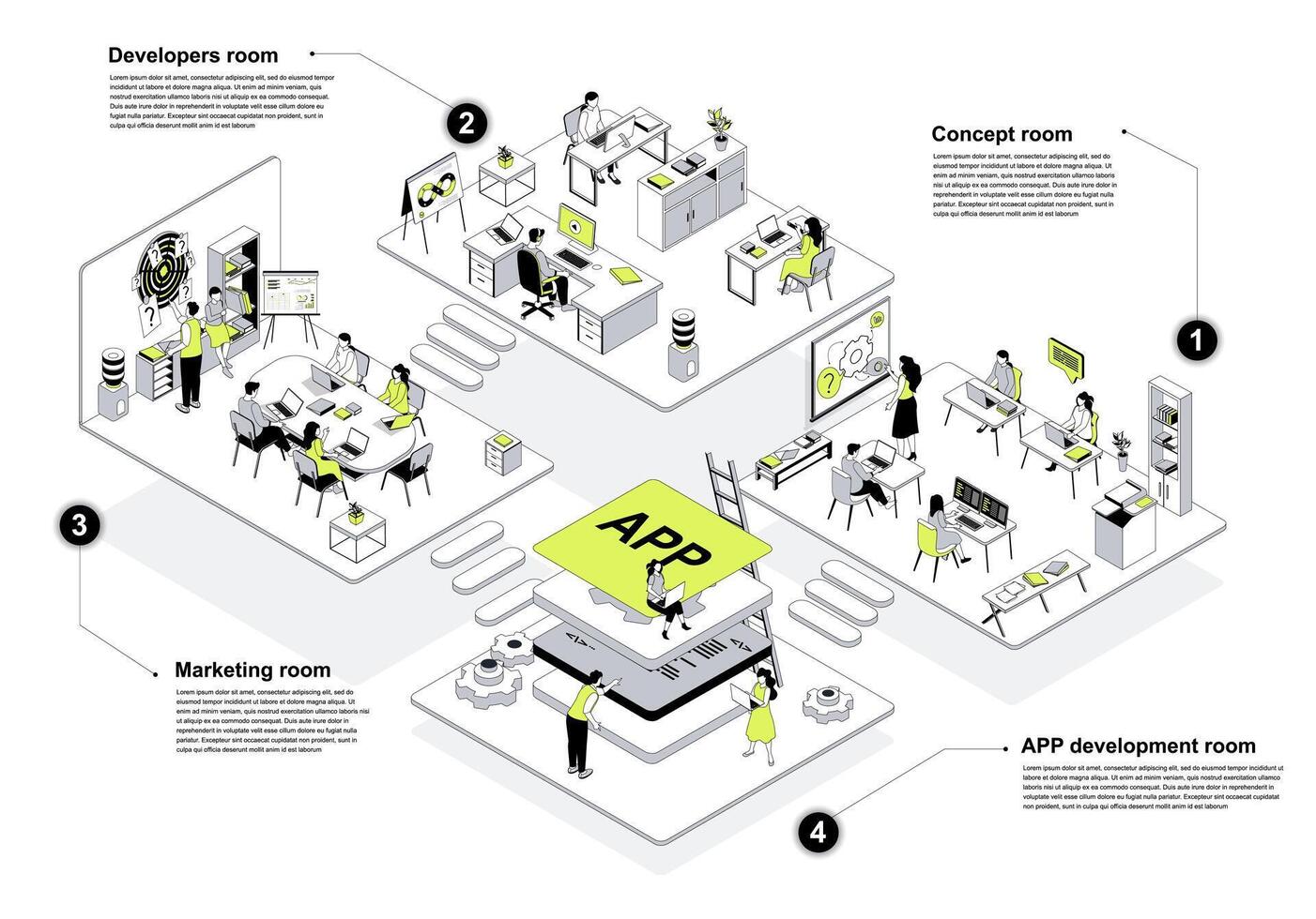 Development company 3d isometric concept in outline design for web. People working in isometry rooms work at brainstorming, programming and marketing departments at agency office. illustration. vector