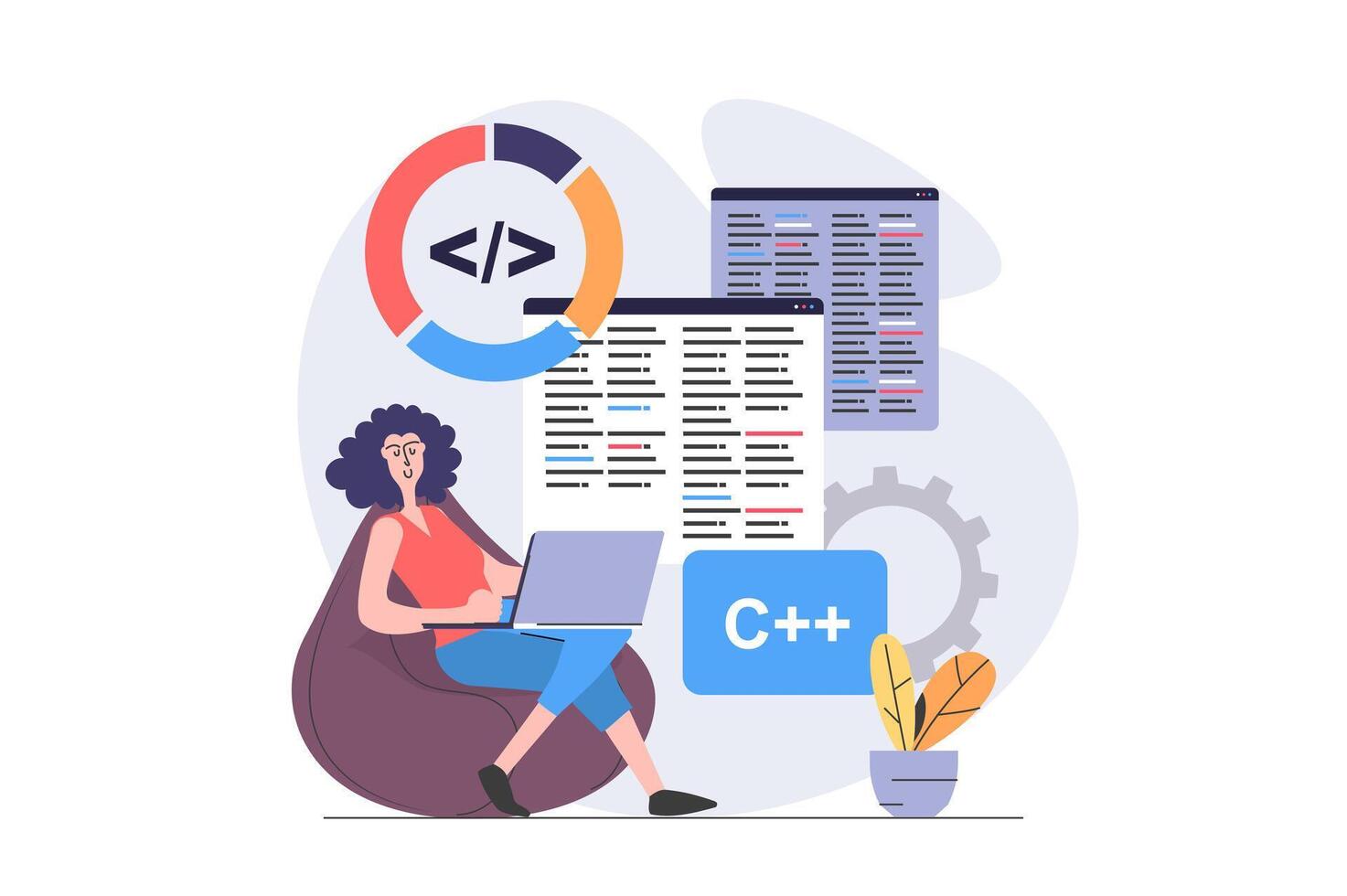 Development and programming concept in modern flat design for web. Woman developer working at laptop and coding on screens, fixing bugs, making maintenance and optimization. illustration. vector