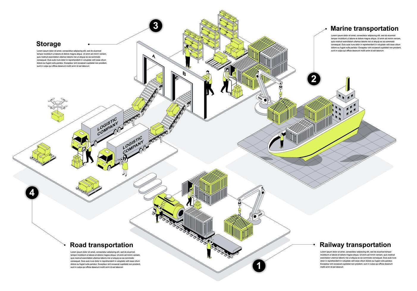 Logistic company 3d isometric concept in outline design for web. People working in isometry rooms in delivery office and provide railway, road, marine transportations and storage. illustration. vector