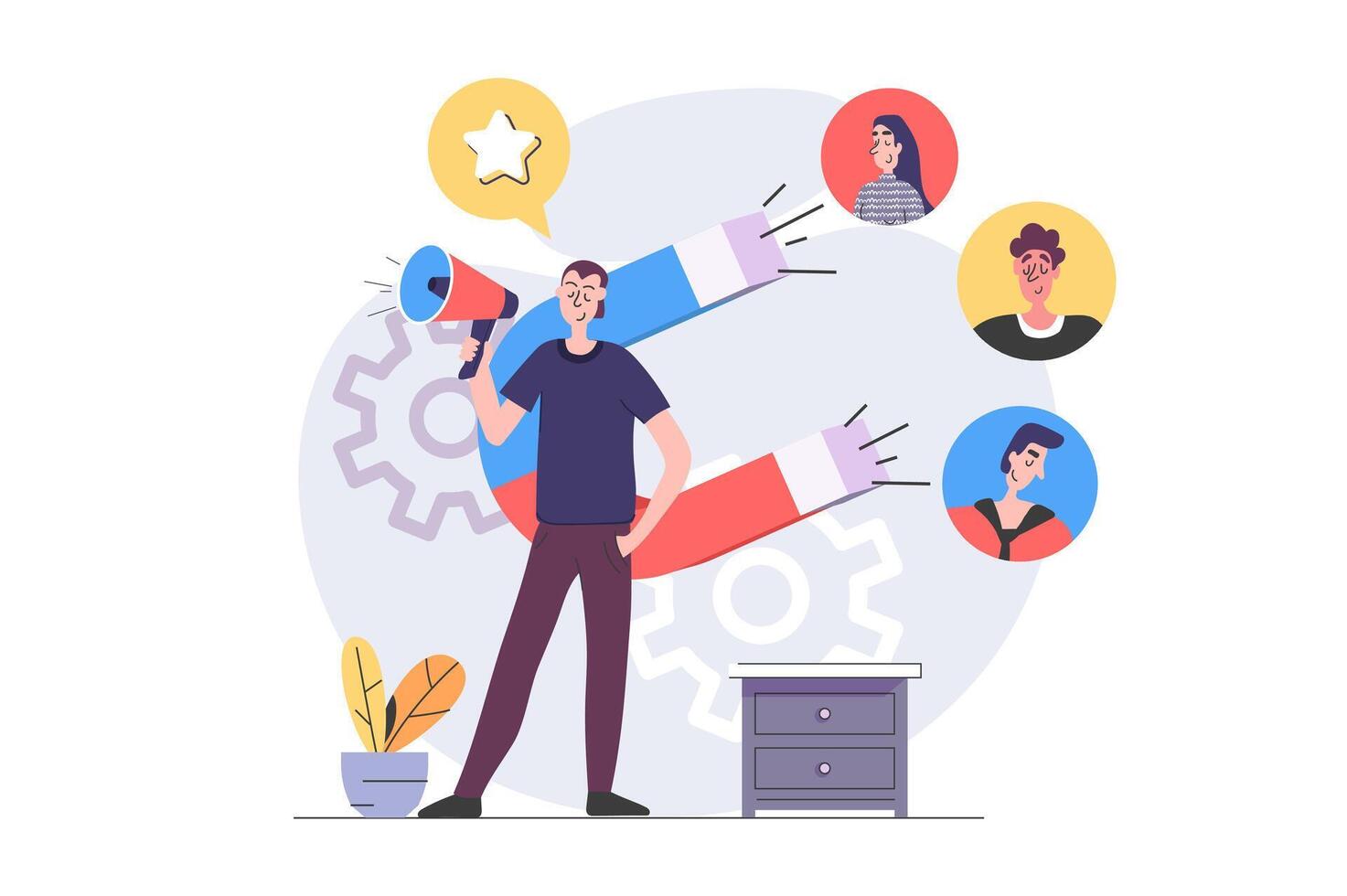 Digital marketing concept in modern flat design for web. Man with megaphone and magnet attracting new followers and customers, promoting online, making advertising campaign. illustration. vector