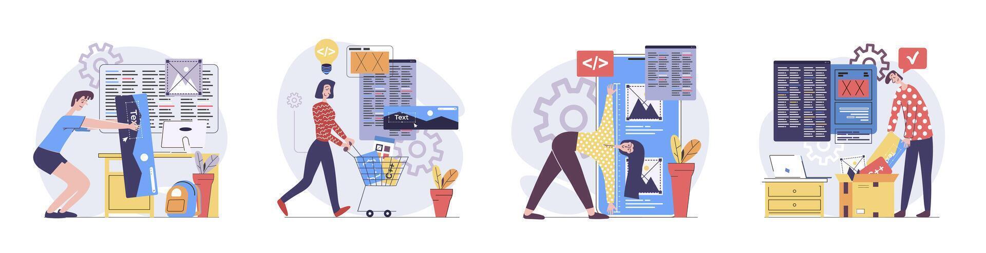 Web development concept with people scenes set in flat design. Collection of character situation with developers creating and programming wireframe app interfaces with content. illustrations. vector