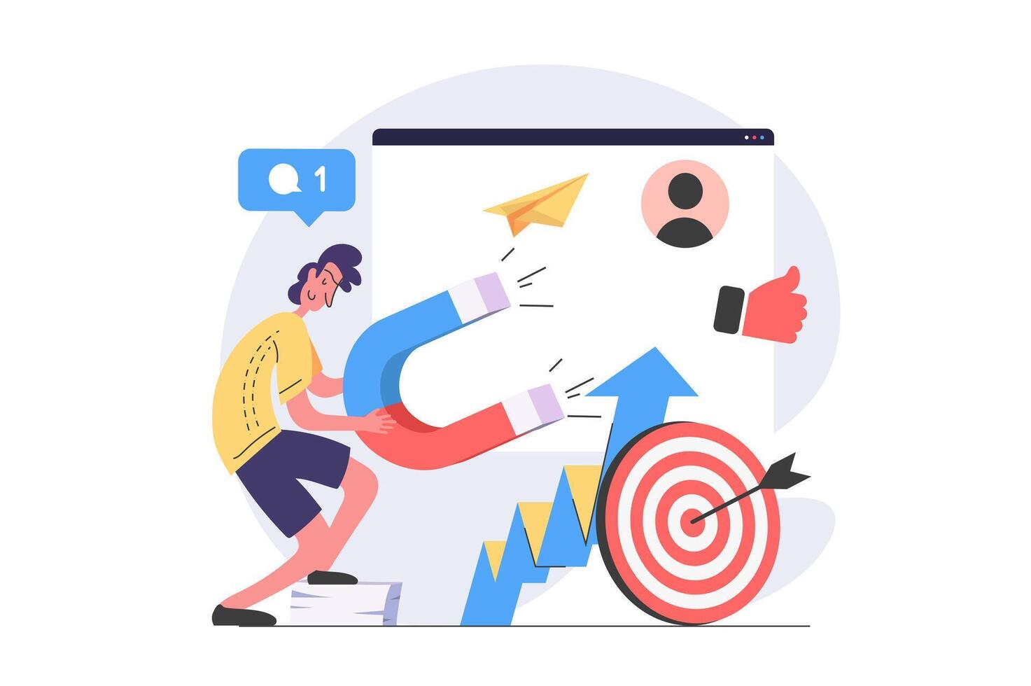 Digital marketing concept in modern flat design for web. Man with magnet using online promotion tools for targeting new audience, making social media advertisement with content. illustration. vector
