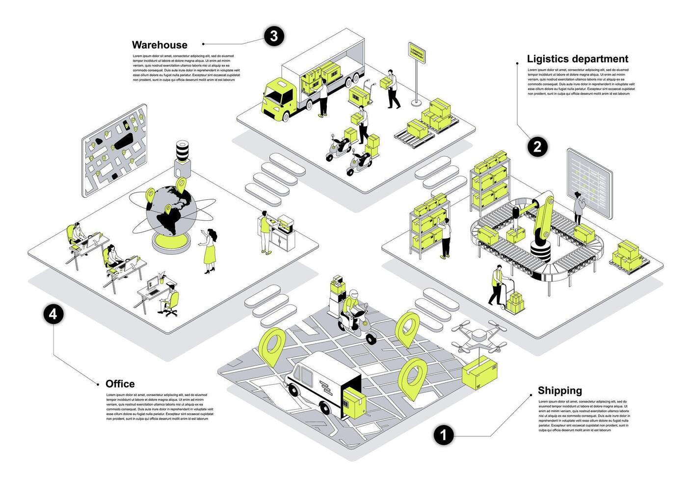 Delivery company 3d isometric concept in outline design for web. People working in isometry rooms in office, shipping and logistics departments, loading parcels in warehouse. illustration. vector