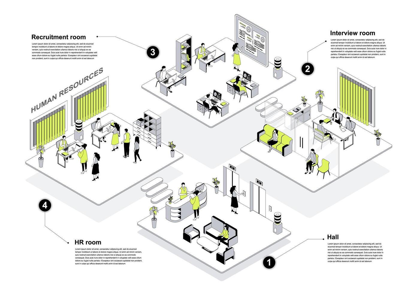 HR agency 3d isometric concept in outline design for web. People in isometry rooms waiting at reception hall, managers works at office, recruitment and job interview department. illustration. vector