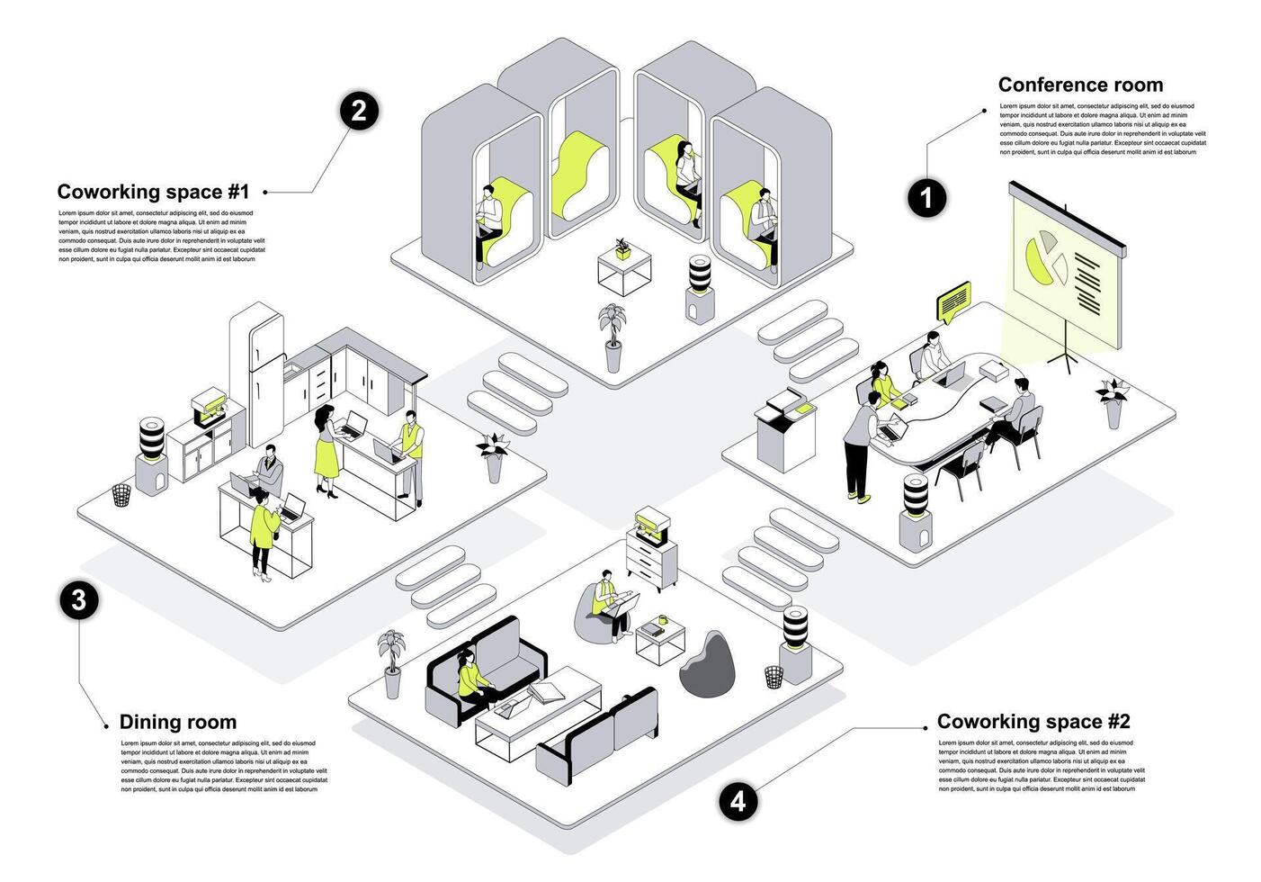 Coworking space 3d isometric concept in outline design for web. People working in isometry rooms office with conference halls, workflow in departments and resting in dining room. illustration. vector
