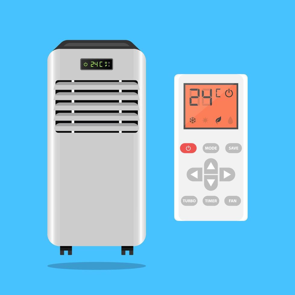 Portable air conditioner with remote control on background vector