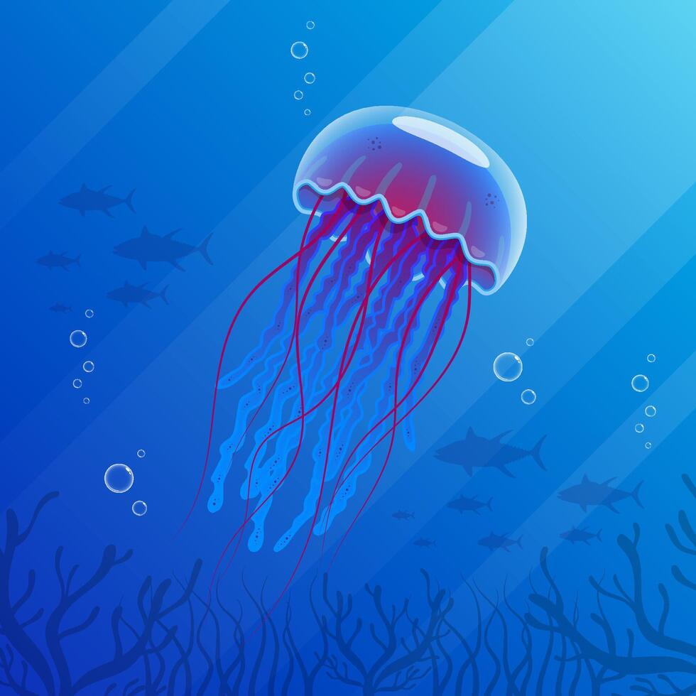 Realistic jellyfish blue lightening, poisonous jellyfish in deep water with deep ocean creature vector