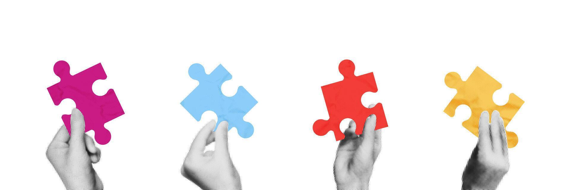 Four hands holding and making puzzle together trendy halftone collage elements. Metaphor of partnership, teamwork concept. Modern retro illustration isolated on transparent background vector
