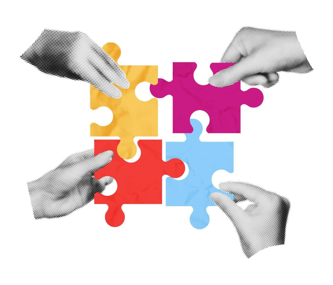 Four hands making puzzle together trendy halftone collage element, sticker. Metaphor of partnership, team work concept. Modern retro illustration isolated on transparent background vector