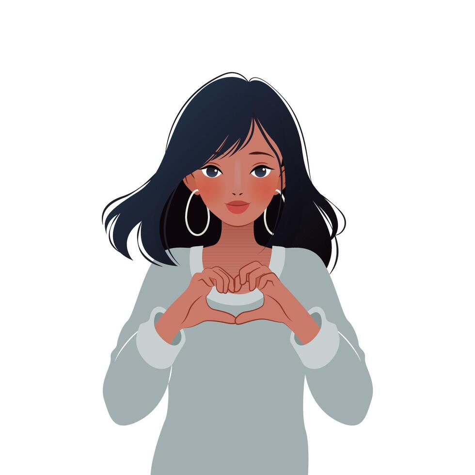 Beautiful young woman showing sign of heart with her hands. illustration for print, poster, cover, greeting card. isolated modern art on white background. Close-up female portrait. vector