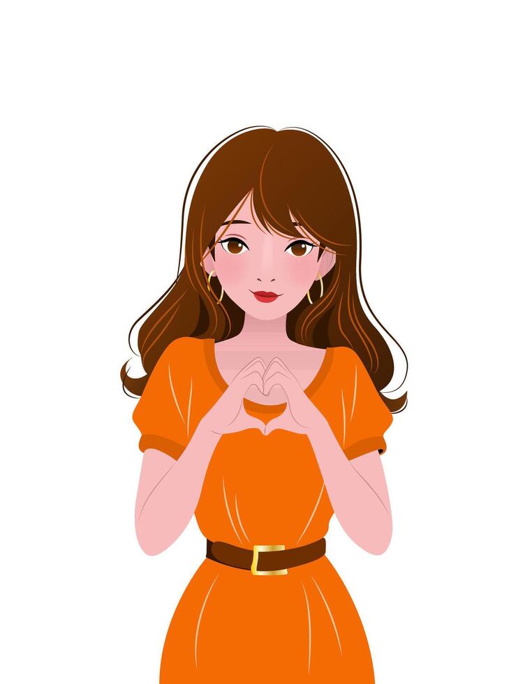 Beautiful young woman showing sign of heart with her hands. illustration for print, poster, cover, greeting card. isolated modern art on white background. Close-up female portrait. vector