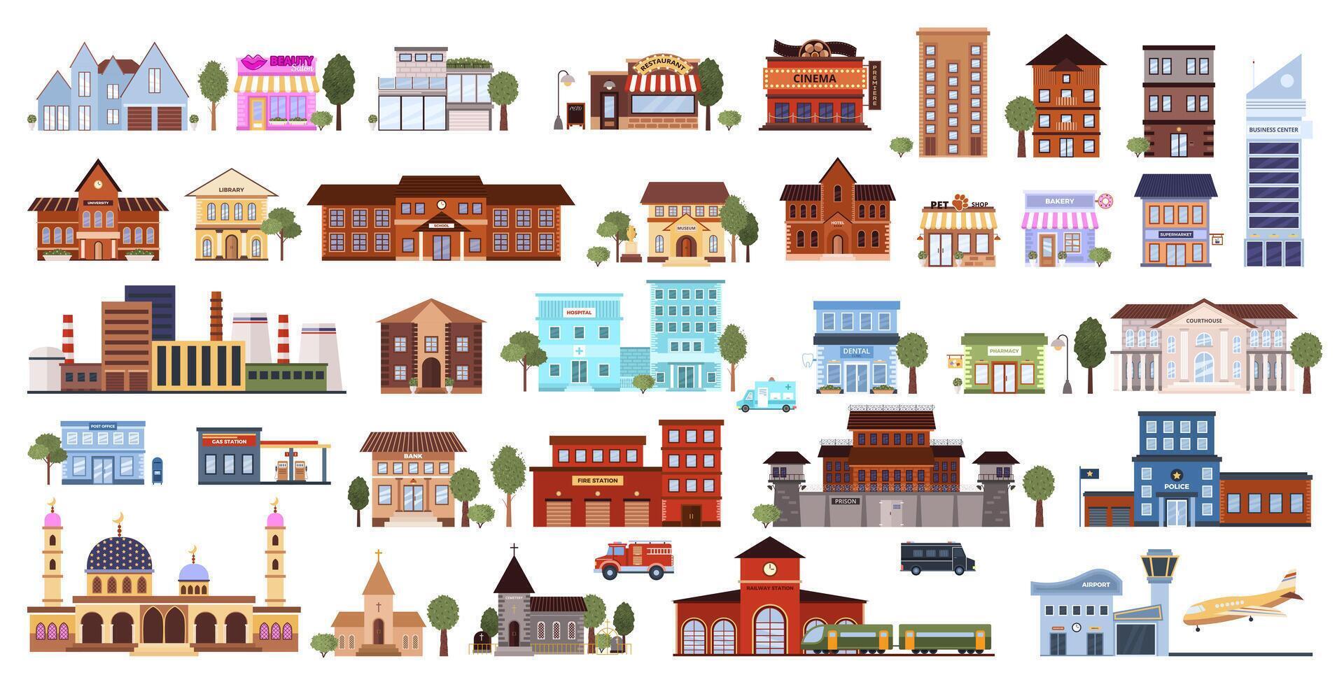Big set of various flat urban building icons. Isolated municipal library, bank, pharmacy, post office, school, pet shop, museum, bakery, mosque, airport on a white background. vector