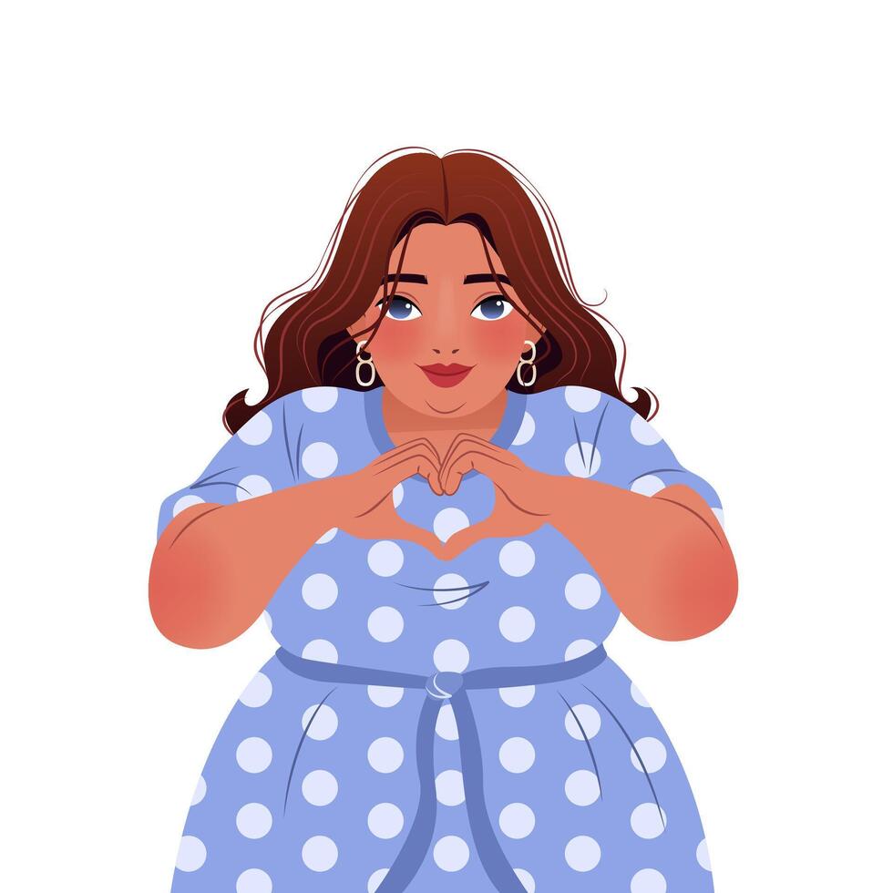 Beautiful young woman showing sign of heart with her hands. illustration for print, poster, cover, greeting card. isolated body positive art on white background. Close-up female portrait. vector