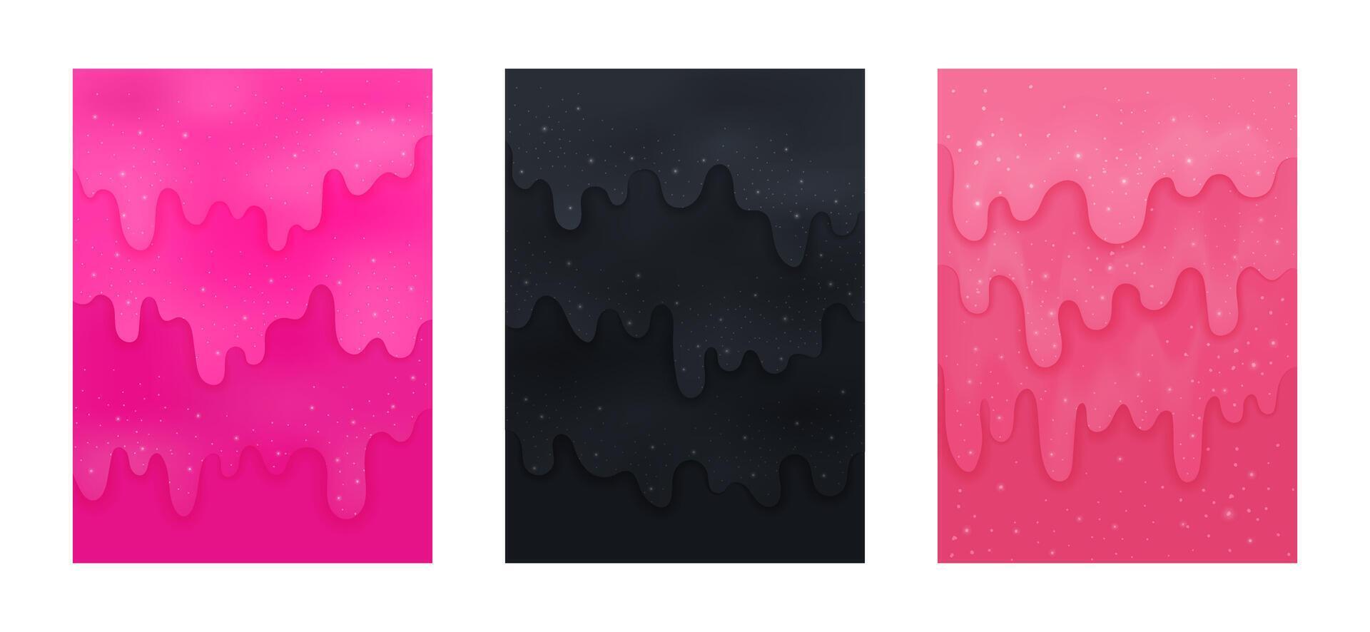 Set of abstract backgrounds with glittered liquid slime. isolated textures for happy birthday, sale, cover, poster, greeting cards, Halloween designs. Vertical illustrations with blank space. vector