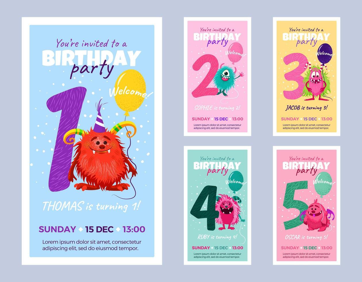 Collection of happy birthday party invitation cards with funny cartoon monsters. isolated template greeting designs for kids from 1 to 5 years old. Festive multicolored postcards. vector