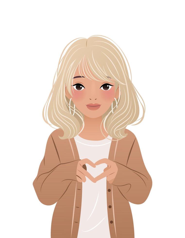 Beautiful young woman showing sign of heart with her hands. illustration for print, poster, cover, greeting card. isolated modern art on white background. Close-up female portrait. vector