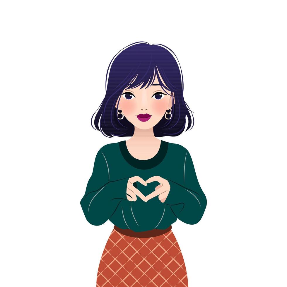 Beautiful young Asian woman showing sign of heart with her hands. illustration for print, poster, cover, greeting card. isolated modern art on white background. Close-up female portrait. vector