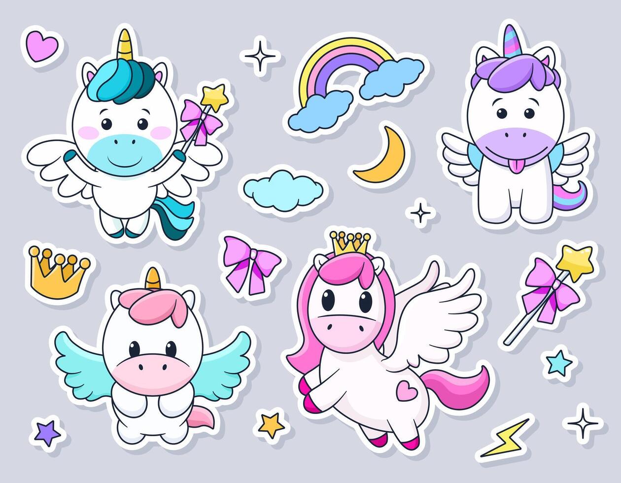 Bundle of cute cartoon stickers with unicorn and pony. isolated illustrations for childish print, birthday design, invitation, baby shower card. Clip arts on white background. Magical elements. vector