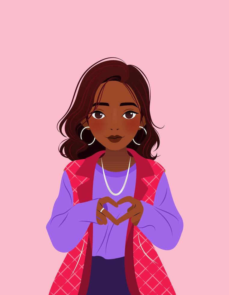 Beautiful young woman showing sign of heart with her hands. illustration for print, poster, cover, greeting card. isolated modern art on pink background. Close-up female portrait. vector
