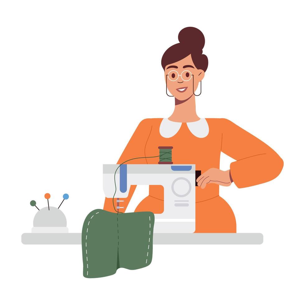WebA flat character illustration of a woman stitching clothes vector