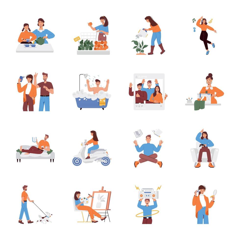 Set of 16 Daily Activities Flat Illustrations vector