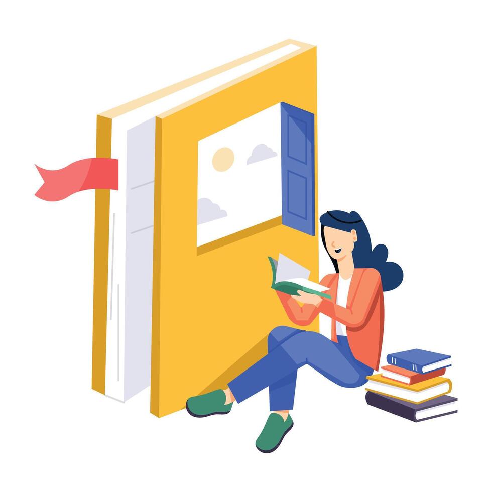 WebA flat style illustration of a girl sitting at a book portal vector
