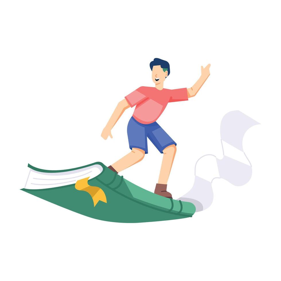 WebA flat style illustration of boy standing on flying book vector